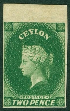 SG 3 Ceylon 1857-59. 2d green. A fine fresh mounted mint marginal example...