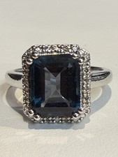 Sterling Silver Ring London Blue Topaz Emerald-Cut Halo Diamond Accent