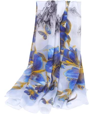 100% Silk large Scarf Women neckerchief Shawl Wrap floral blue yellow HD118-20