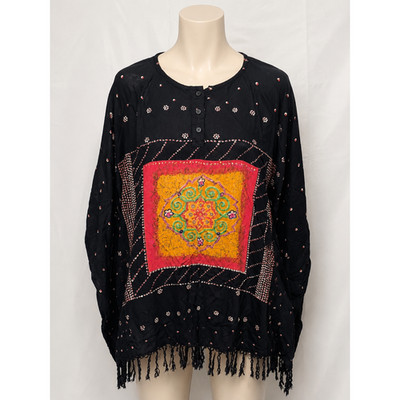 Fashion Bug Boho Rayon Fringe Poncho Top Cover Up One Size Black Mandala