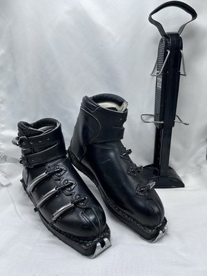 VTG 50s 60s Raichle Switzerland Leather Ski Boots 8.5N w/ Allsop Carrier Stand