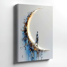 Wall Art Abstract Crescent Moon Figure Canvas Print Modern Blue Gold Home Decor
