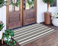 Black and White Striped Outdoor Rug 24'' x 51''Farmhouse Front Porch Mat Hand...