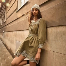 MADEWELL olive corduroy dress Cottagecore Eyelet Picot embroidery Size M Medium