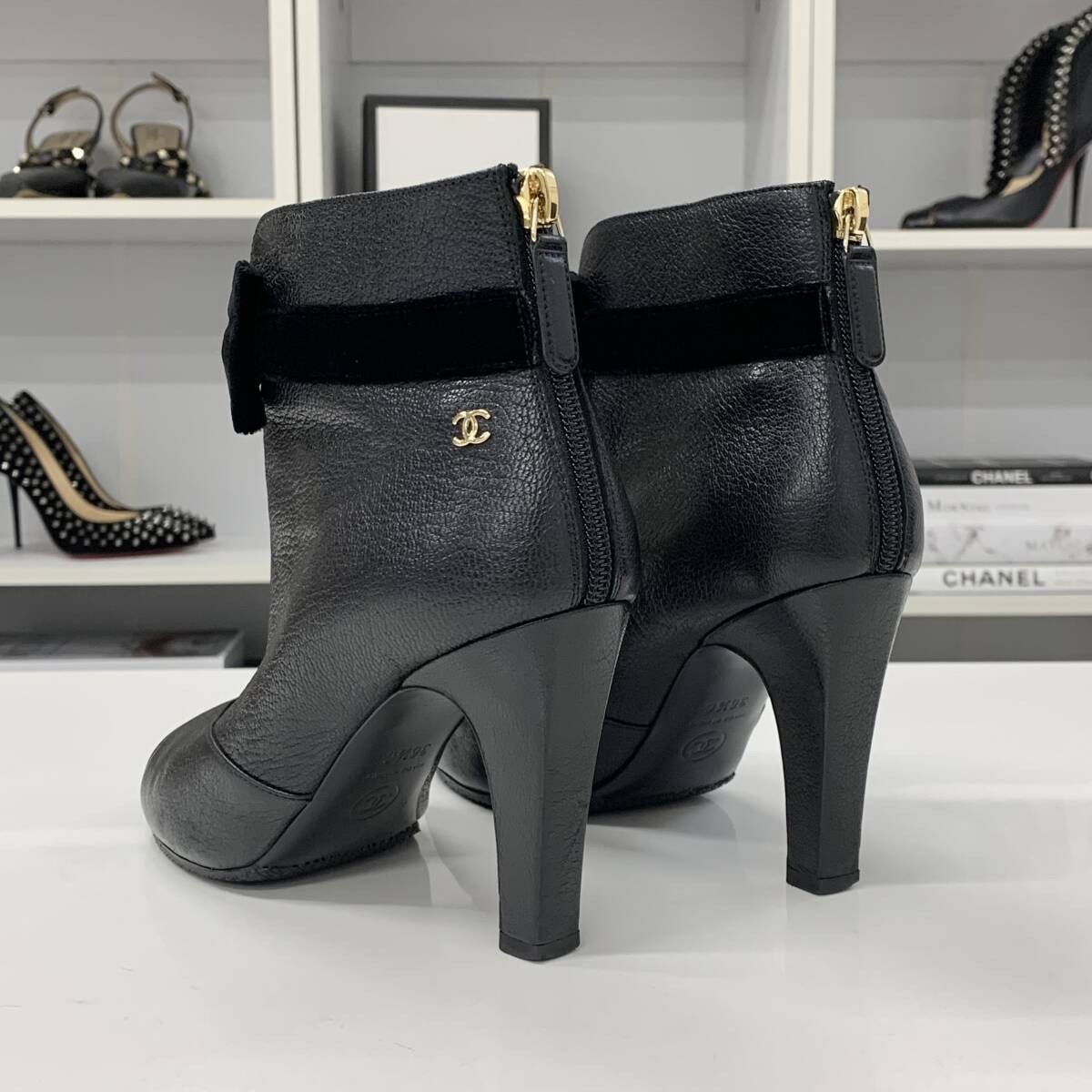 CHANEL Ribbon Leather Velour Heel Boots Shoes Women Size 36.5 COCO MARK Black thumbnail 8