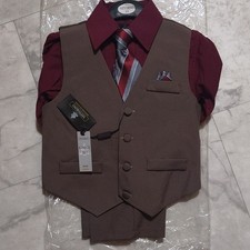 Vittorino Boys 3T 4pc Formal Suit Set Brown Vest Pants Burgundy Shirt Tie