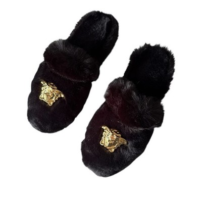 Versace Logomania Faux Fur Slippers in Black Women s Size 9