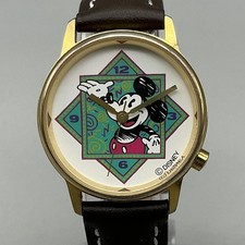 Vintage Disney Womens Watch 31mm Mickey Mouse Dial Gold Tone Leather New Battery