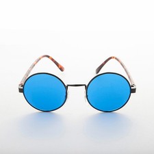 Round Hippy Vintage Sunglasses Blue Lens / Black Frame - Dylan