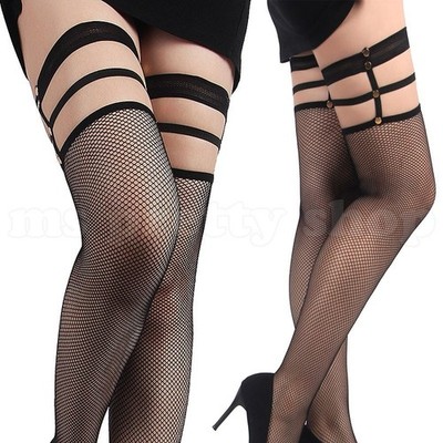 Sexy schwarze Netzstrümpfe halterlos mit Nieten & Riemen Tops Zaun Netz Netz S M