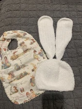 Handmade Large Baby Easter Bib And Chenille Bunny Hat 6-12 Month Outfit RARE