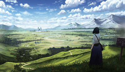 Anime girls gr snowy peak sky clouds landscape green Playmat Gaming Mat Desk