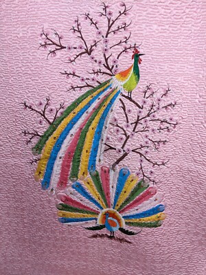 Vintage Regency Victorian Embroidered Peacock Rainbow Bedspread 94'' X 80'' Quilt