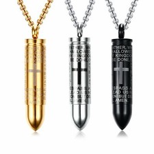 3pcs Men's Stainless Steel Lord's Prayer Cross Openable Bullet Pendant Necklace