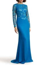 Tadashi Shoji Deep Ocean Blue Sequin Lace Long Sleeve Crepe Gown Size 8 478