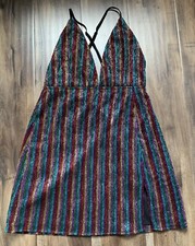 Superdown Striped Metallic Lined Halter Shift Mini Dress Medium Womens New