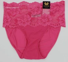 NWT Wacoal 879363 "Light and Lacy" Nylon w/ Lace Hi-Cut Brief Panty, Bright Pink