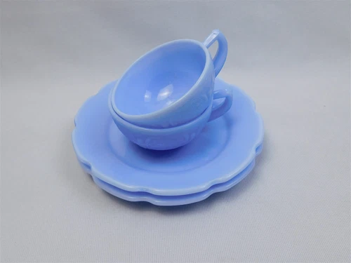 4 Pcs Vtg Jeanette Glass Co. Delphite Blue CHERRY BLOSSOM Childs Tea Cups Plates