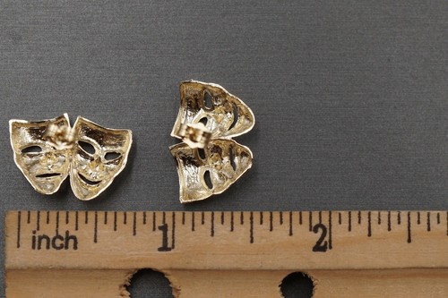 10K Solid Yellow Gold 0.8" Two Face Comedy Happy Sad Mask Stud Earring. - Picture 9 of 12