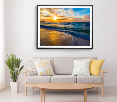 Sea Print, Sea Waves Wall Art, Sunst Cloudy Sky Framed Beach Wall Art, Coastal