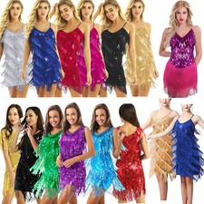 Women Latin Dance Dress Sequin Tassel Fringe Flapper Dress Tango Ballroom Costum