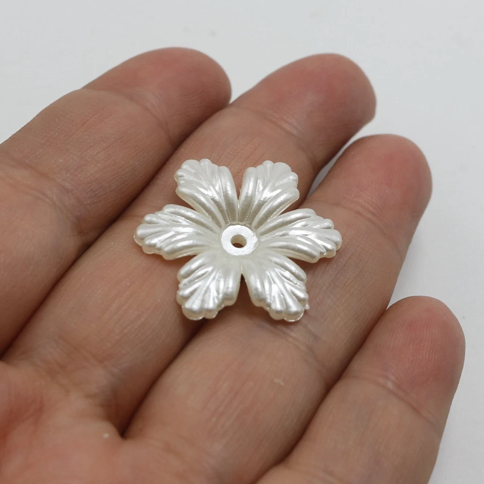 50 pcs Ivory Acrylic Pearl 6-Petals Flower Bead Caps 1.1" Center Hole Sewing - Image 3 of 4