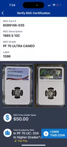 1985 S 10c Roosevelt Dime NGC PF70 Ultra Cameo