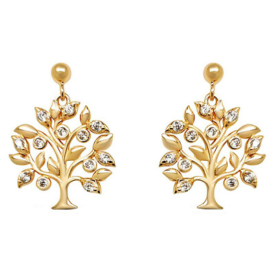 Boucles D'oreilles Arbre De Vie Plaqué Or 750/000 Et Zirconium - Pendantes Pour Femme