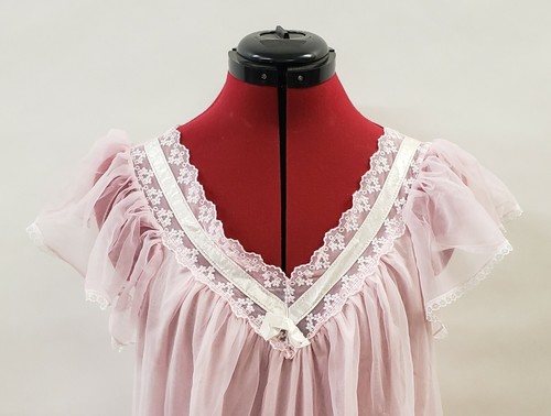 Vintage Lady Cameo Of Dallas Sheer Pink White Lace Long Nightgown Medium Flaws - Picture 2 of 12