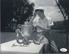 BYRON NELSON HAND SIGNED 8x10 PHOTO       RARE POSE WITH GOLF TROPHY         JSA