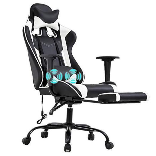 PC Gaming Chair Office Chair Ergonomic Massage PU Leather Recliner White-image
