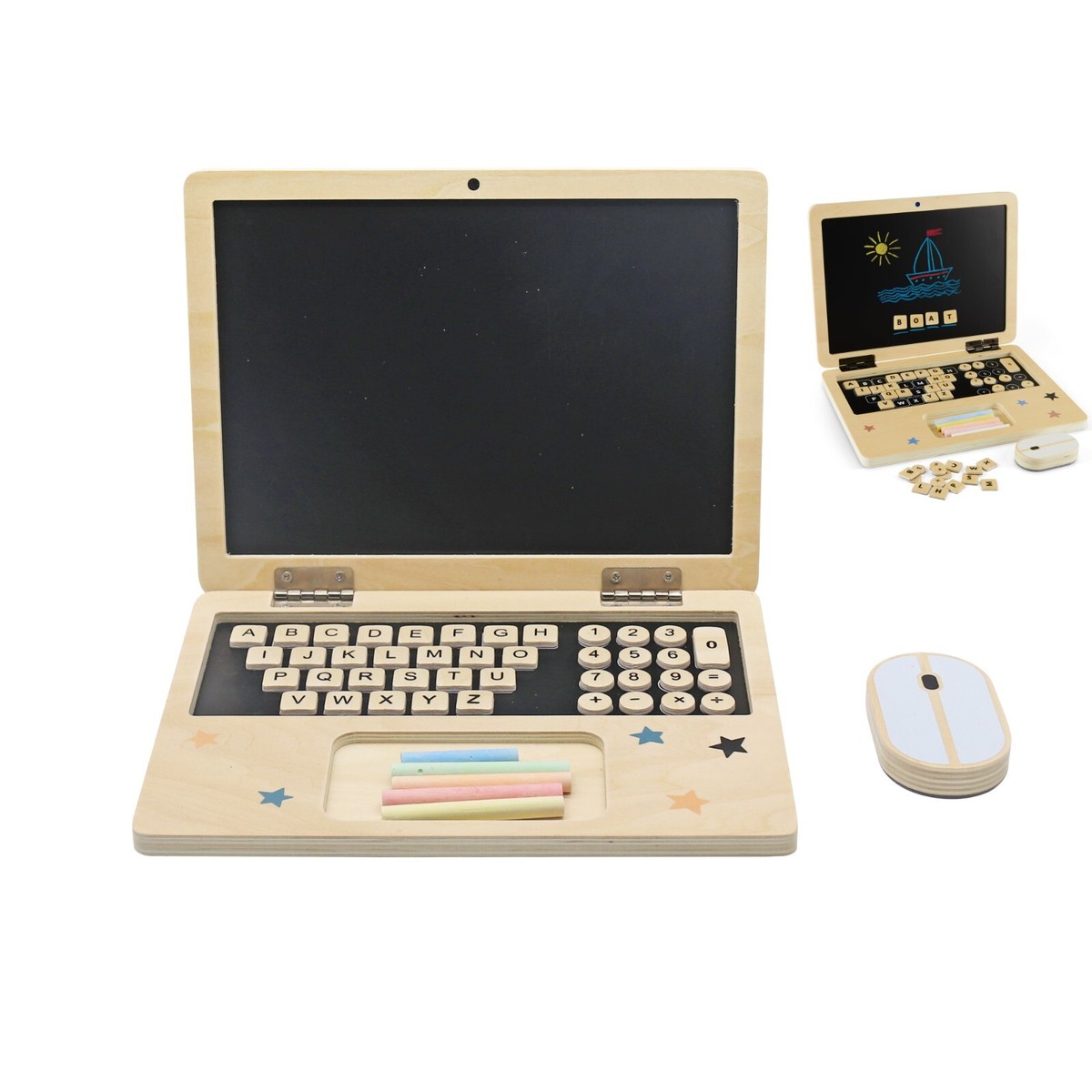 Kids Wooden Laptop with Magnetic Board Computer Pretend Roll