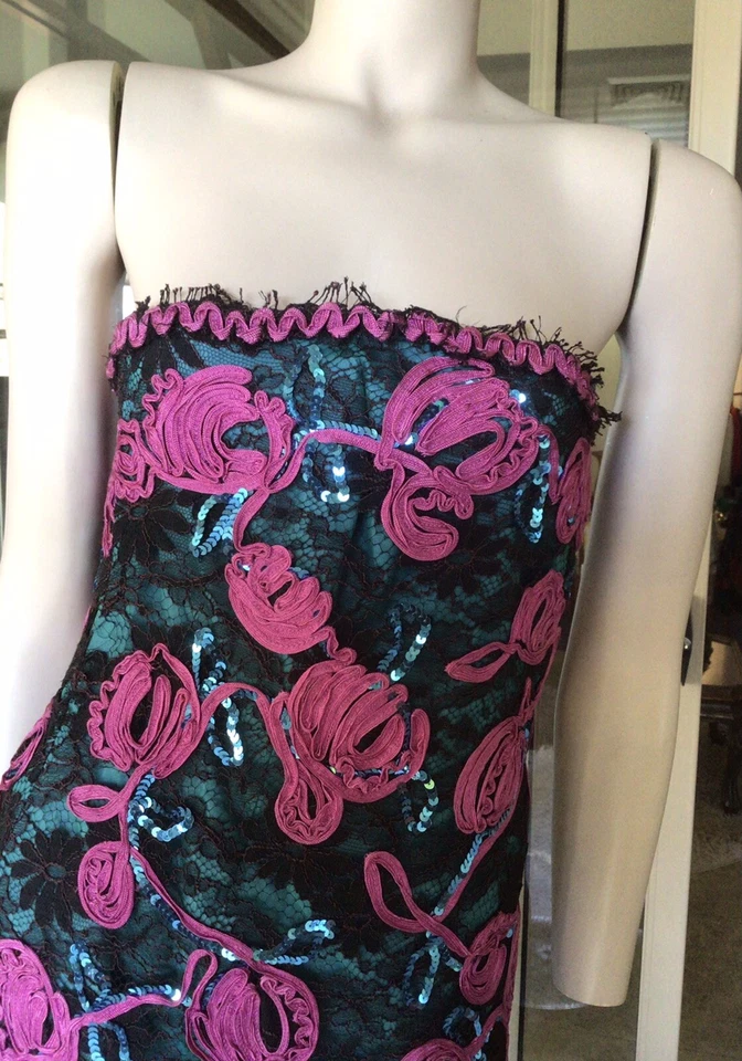 Vestido Lápiz De Colección Años 80 Victor Costa Negro Rosa Cinta Encaje Lentejuelas Fiesta/Cóctel S Foto 3 de 4