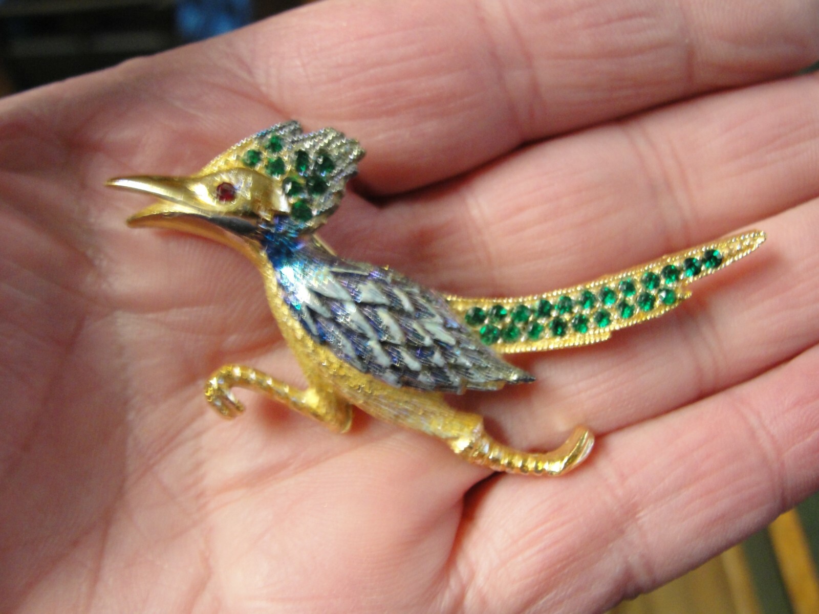 Vintage signed ULTRA Brooch RoadRunner Bird Enamel Rh… Gem