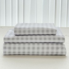 3 PCS Light Grey Gingham Microfiber Twin Kids Sheet Set Soft Plaid Bedding