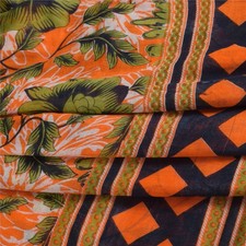 Sanskriti Vintage Sarees Orange/Green Pure Cotton Printed Sari 5Yd Craft Fabric