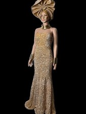 Gold Sequin Strapless Formal Gown with Matching Headwrap