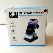 3-in-1 10W Fast Qi Wireless Charging Stand, USB-C, Black Desktop Dock