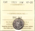 1915 Ten Cents ICCS VF-20 SCARCE Date LOW Mintage KEY King George V Canada Dime
