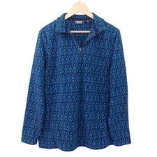 Lands End Womens 1/4 Zip Fleece Pullover Jacket Sweater Blue Floral Sz Large