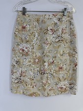 Talbots 100 Irish Linen Straight Wrap Skirt Sz 12 Beige Floral Button Closure