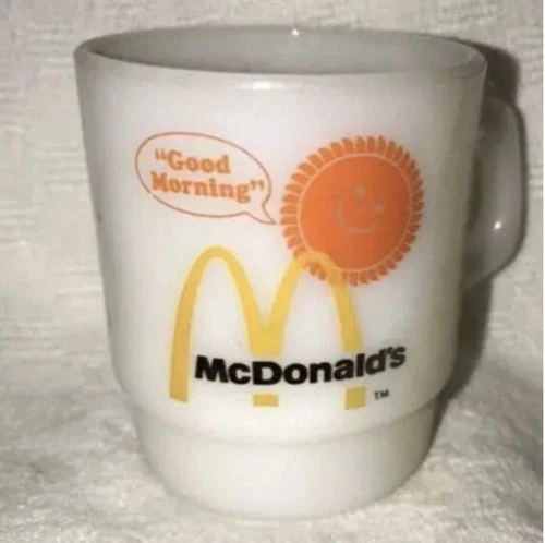 Vintage McDonalds Fire King Milk Glass Coffee Mug Good Morning Anchor Hocking
