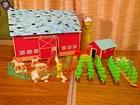 60s Tin Litho Barn, Silo, Corn Crib, Rubber Animals, Man/Wife, Tractor, Marx etc