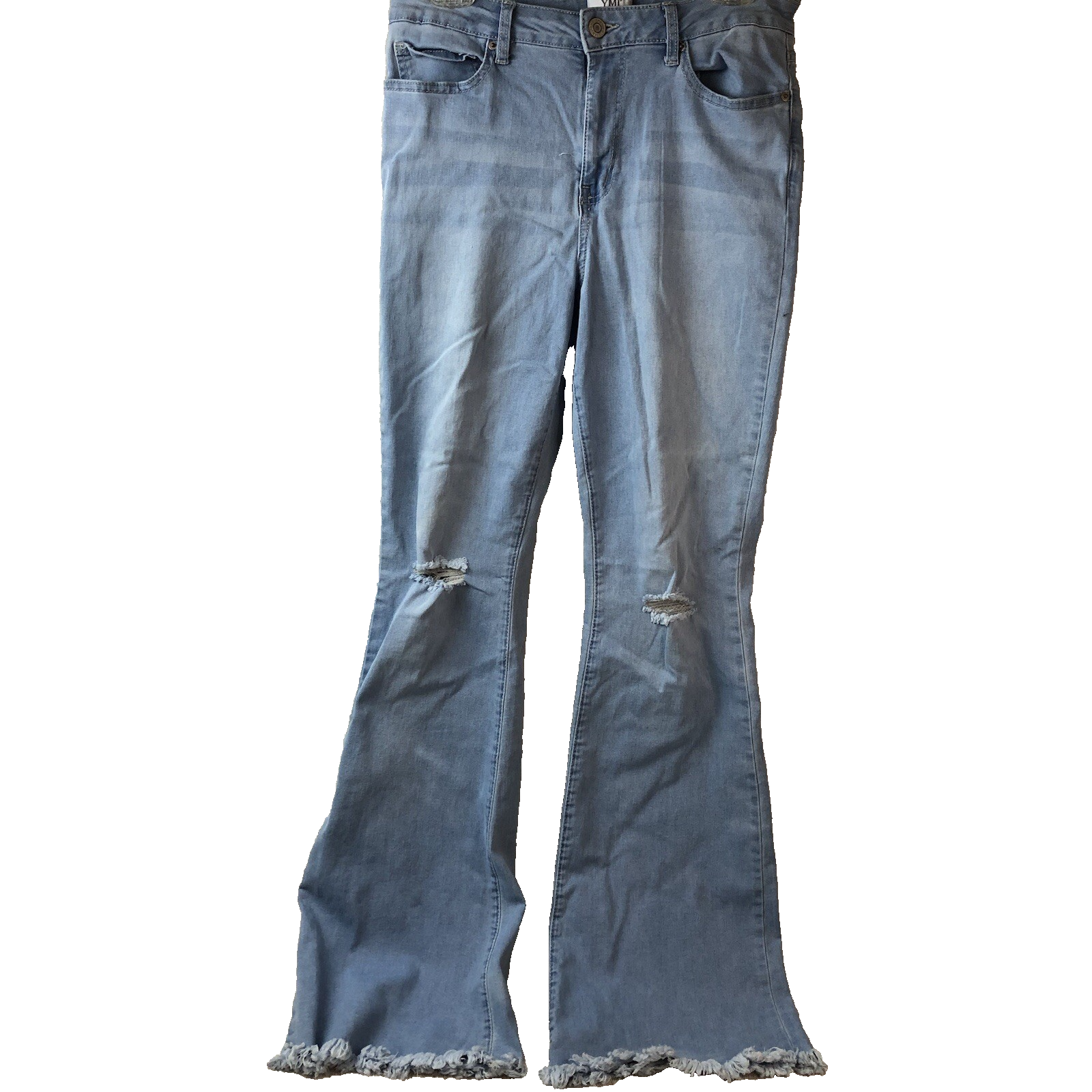 YMI jeans junior size 13 pale blue denim distressed raw edge bell bottom 30x32