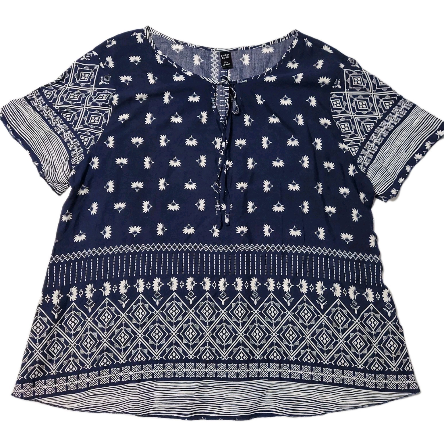 Emery Rose Blouse Womens 3XL Navy Blue Boho Floral Border Print Tie Neck