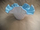 VTG FENTON CASED MILK GLASS HOBNAIL BLUE OVERLAY DOUBLE RUFFLED CANDY NUT DISH