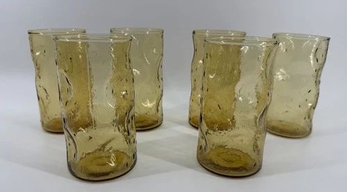 Vtg MCM Blenko Hand Blown Amber Crackle Glass Dimpled Pinched Tumblers Set Of 6