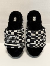 UGG Maxi Slide Black White Checks Plush Fur Slippers Women's 10