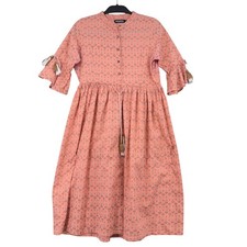 Sassafras Womens Peach Cotton Block Print Midi Dress Tassel Bell Sleeve Large