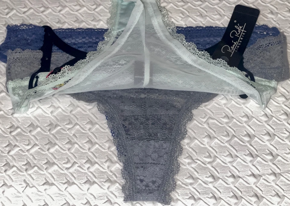 RENE ROFE 3 Pack Lace Trim Mint Green Blue Grey Mesh Thong Panty Womens M 6 L 7 - Image 3 of 4